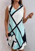 Women’s sleeveless V-neck dress with geometric print from Trendy Attic Store, featuring a stylish and modern design.