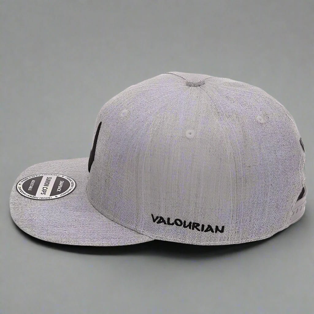 Unisex grey wool snapback hat by FitiqueFit featuring a classic curved brim and adjustable strap.