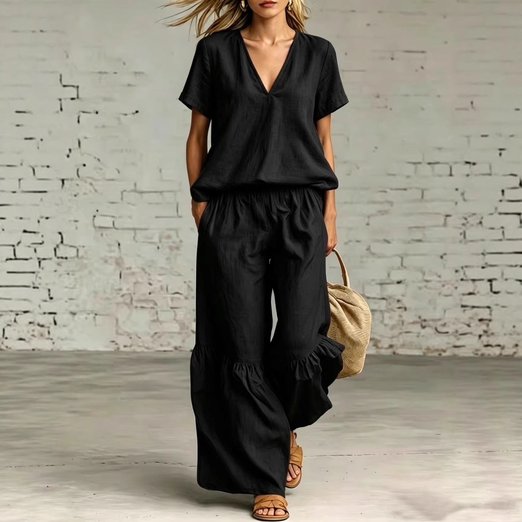 Plush Fashion Hub casualwear set with V-neck loose short-sleeve top and matching pants in 7 colors, available in sizes S to 5XL.