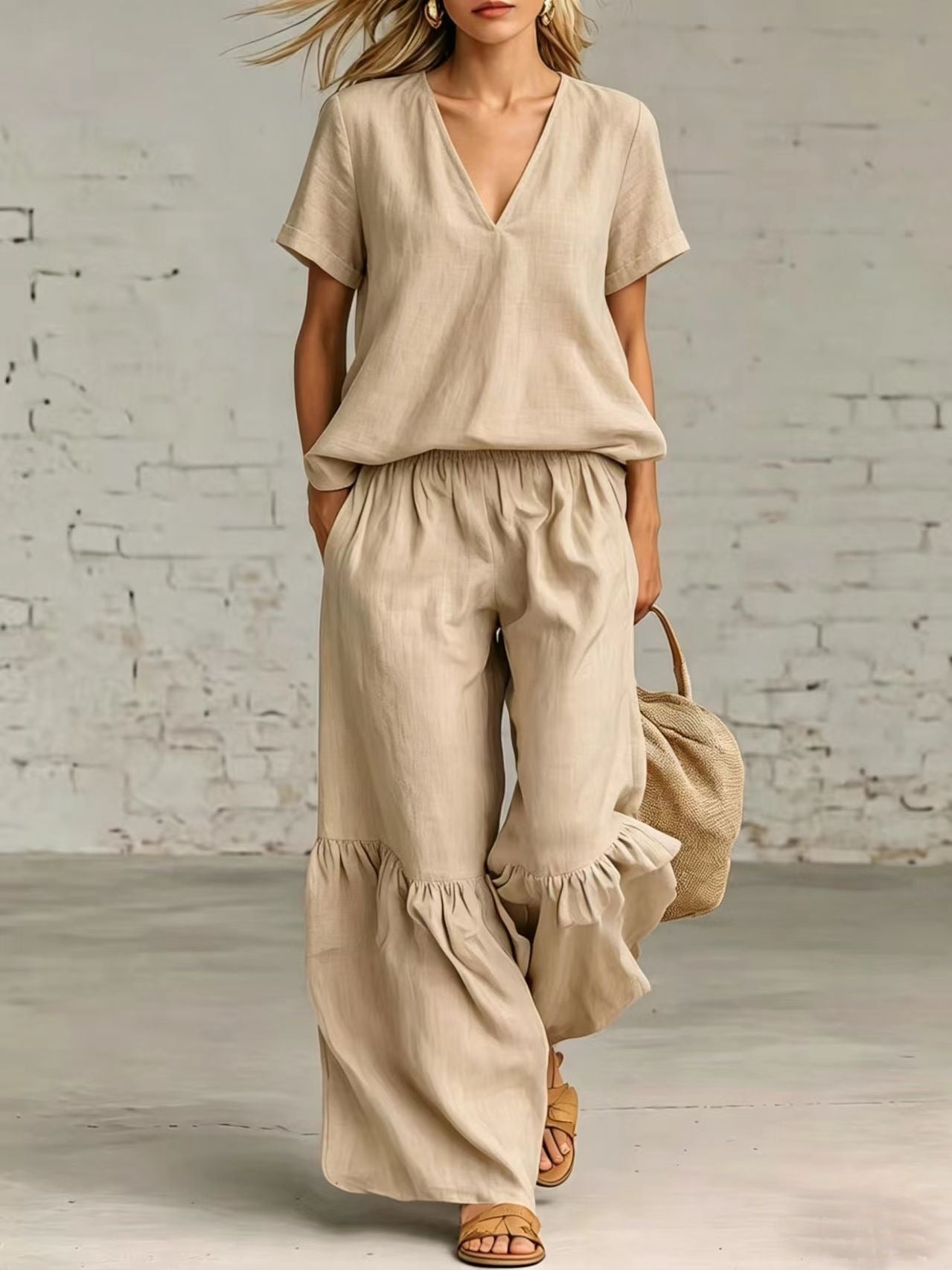Plush Fashion Hub casualwear set with V-neck loose short-sleeve top and matching pants in 7 colors, sizes S to 5XL.
