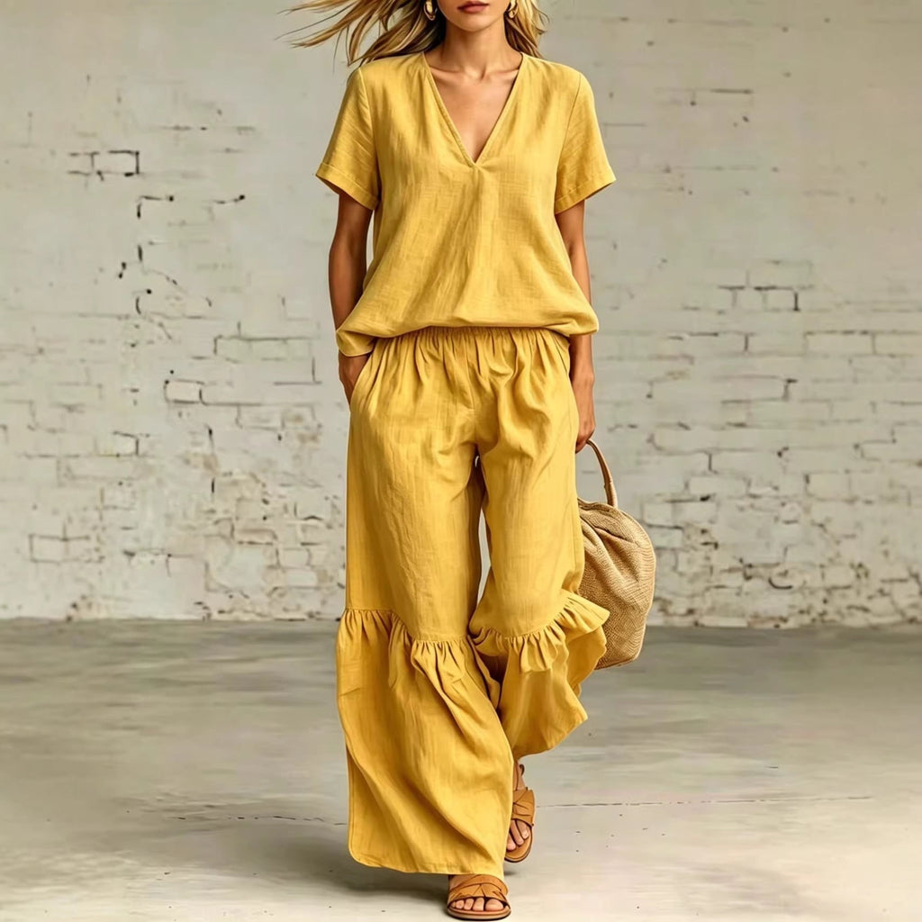 Plush Fashion Hub V-neck loose short-sleeve top and pants set in 7 colors, available in sizes S to 5XL, casualwear ensemble.