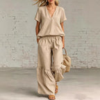Casual V-neck loose short-sleeve top and pants set in seven colors, plus size options from Plush Fashion Hub.