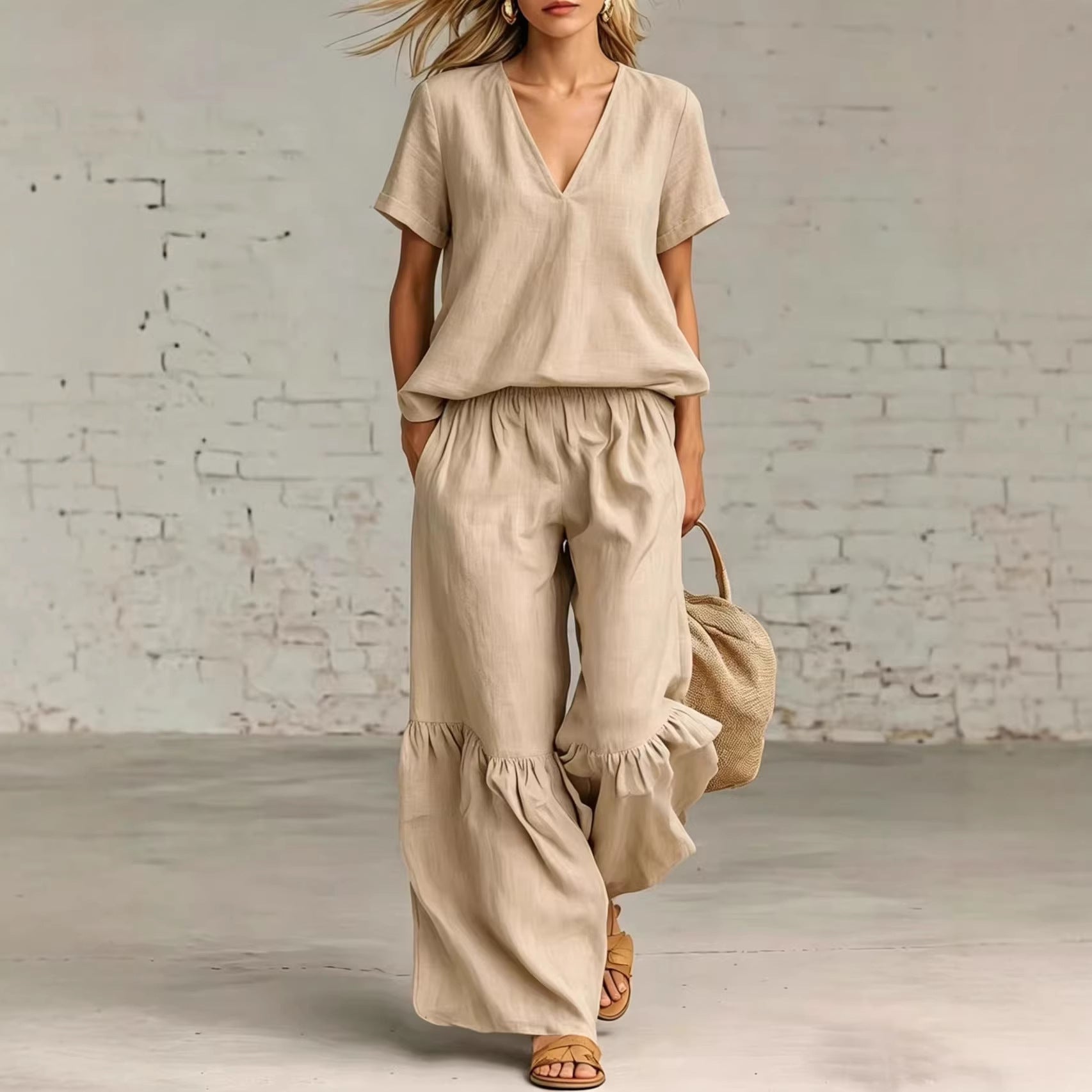 Casual V-neck loose short-sleeve top and pants set in seven colors, plus size options from Plush Fashion Hub.