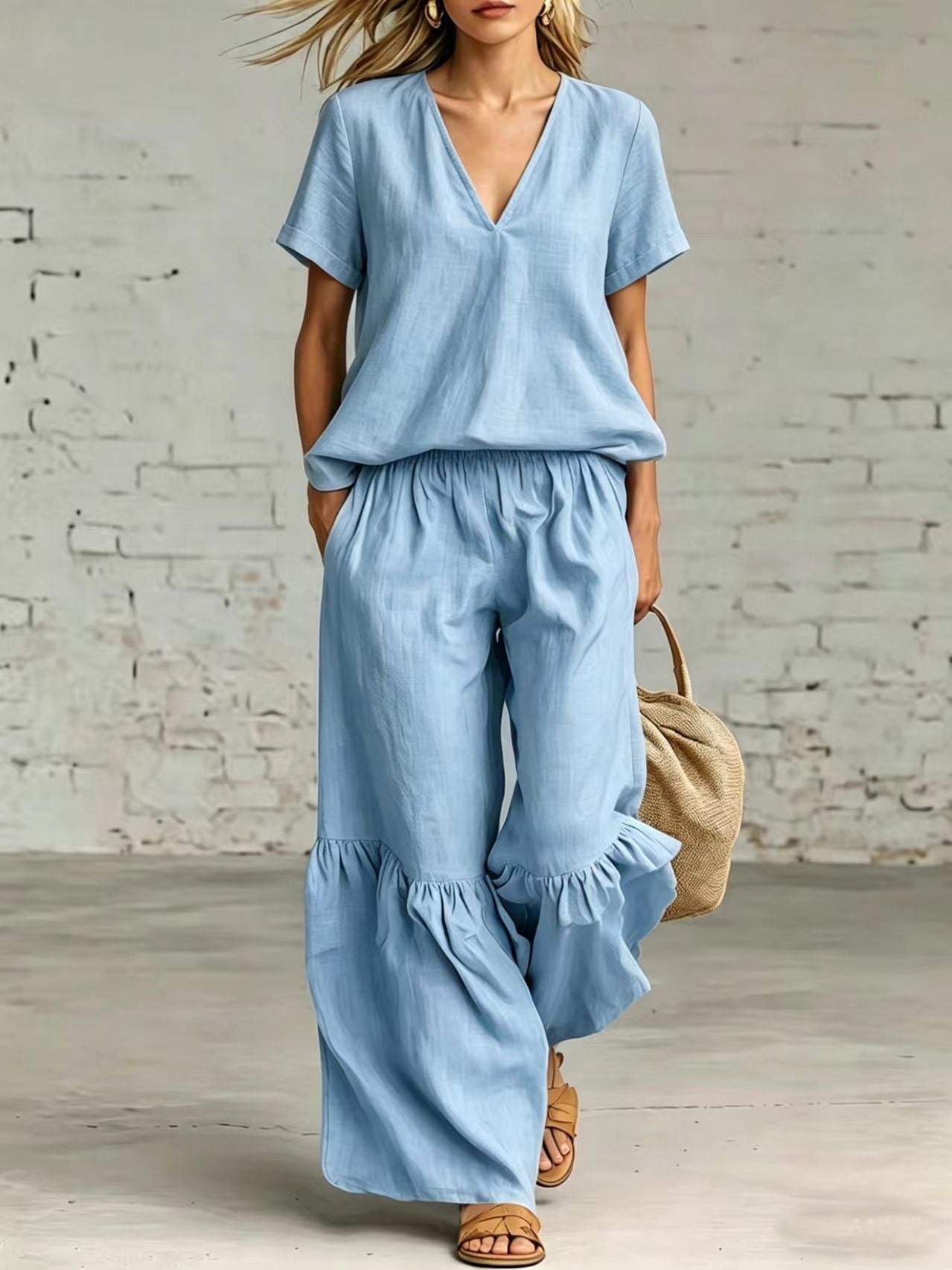 Casual V-neck loose short-sleeve top and pants set by Plush Fashion Hub in 7 colors, available in sizes S to 5XL.