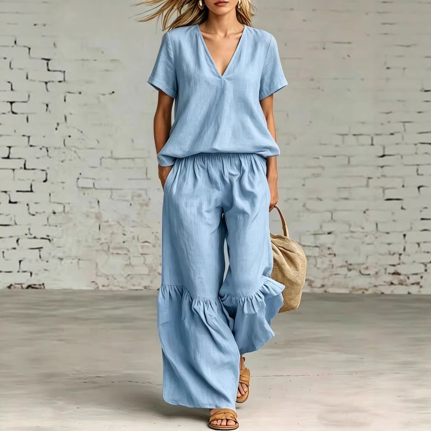 Casual V-neck loose short-sleeve top and pants set by Plush Fashion Hub in 7 colors, available in sizes S to 5XL.