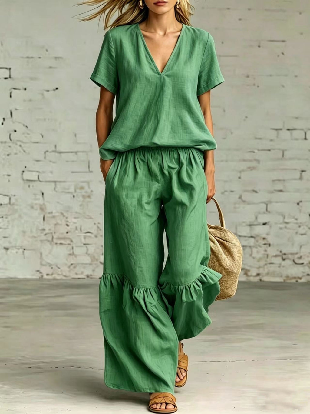 Plush Fashion Hub v-neck loose short-sleeve top and pants set in 7 colors, casualwear for women, available in sizes S to 5XL.