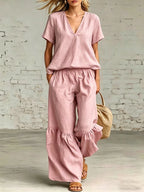Casualwear V-neck loose short-sleeve top and pants set by Plush Fashion Hub in 7 colors, available in sizes S to 5XL.