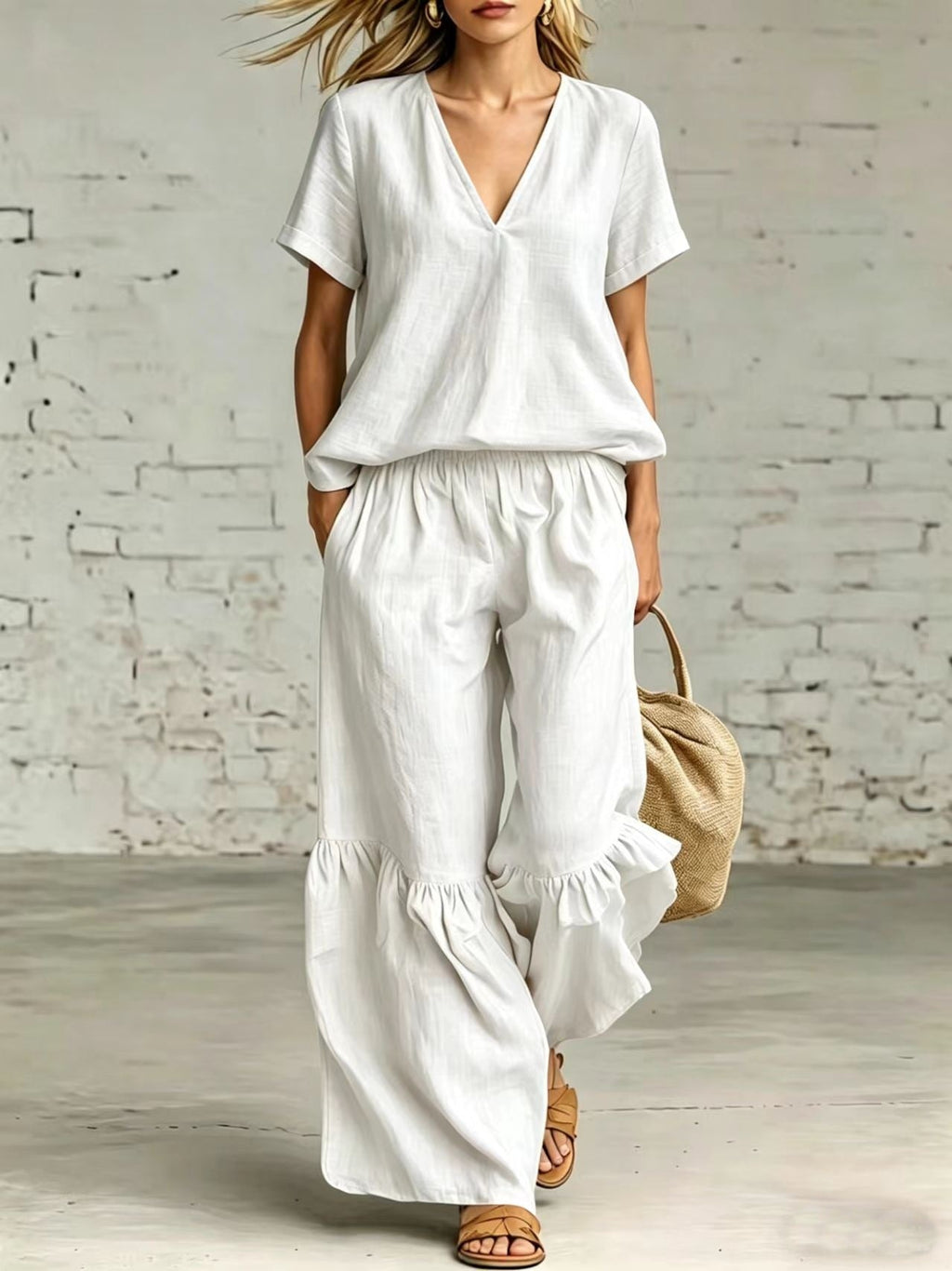 Casual V-neck loose short-sleeve top and pants set in seven colors, available in sizes S to 5XL, by Plush Fashion Hub.