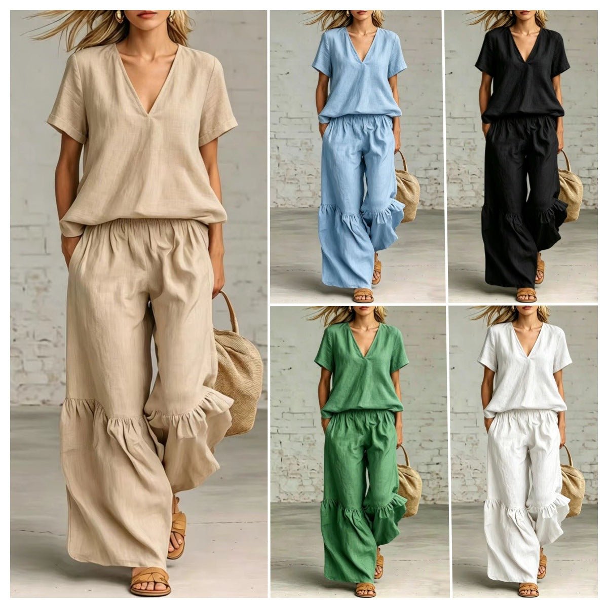 Casual V-neck loose short-sleeve top and pants set in various colors by Plush Fashion Hub, available in sizes S to 5XL.
