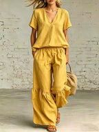 Plush Fashion Hub v-neck loose short-sleeve top and matching pants set in 7 colors, available in sizes S to 5XL, casualwear.