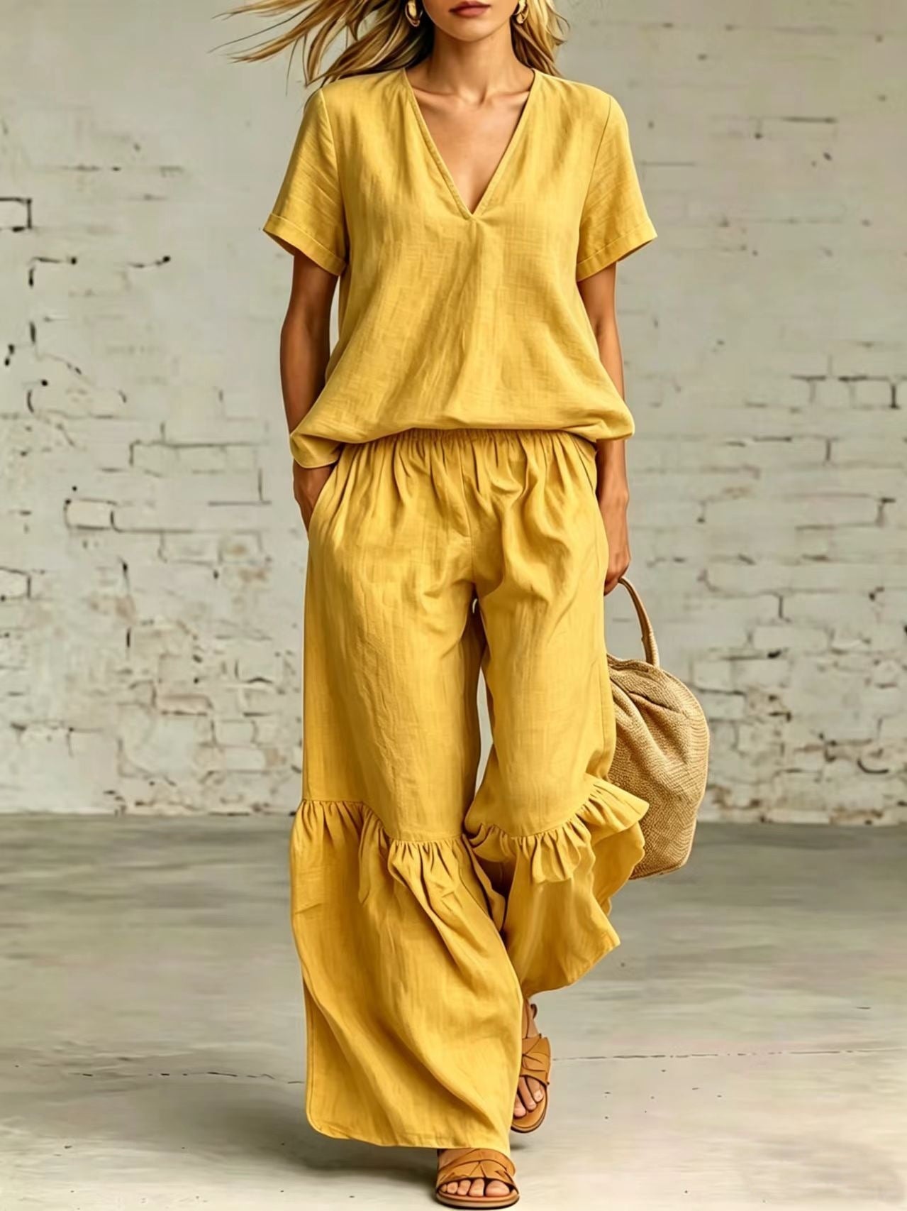 Plush Fashion Hub v-neck loose short-sleeve top and matching pants set in 7 colors, available in sizes S to 5XL, casualwear.