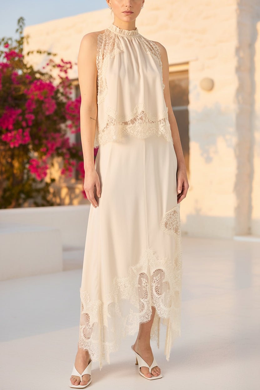 Elegant V-neck ruffle waist tank top and hollow-out skirt set by Plush Fashion Hub, perfect for casualwear.