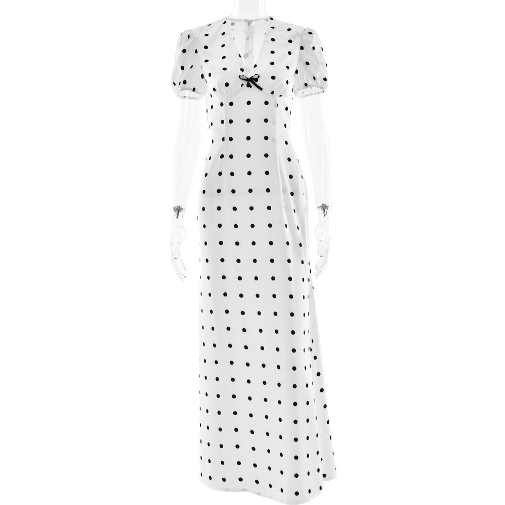 Bella Mia V-neck polka dot maxi dress with puff sleeves, waist-controlled lace-up design, elegant and slim fit for women.