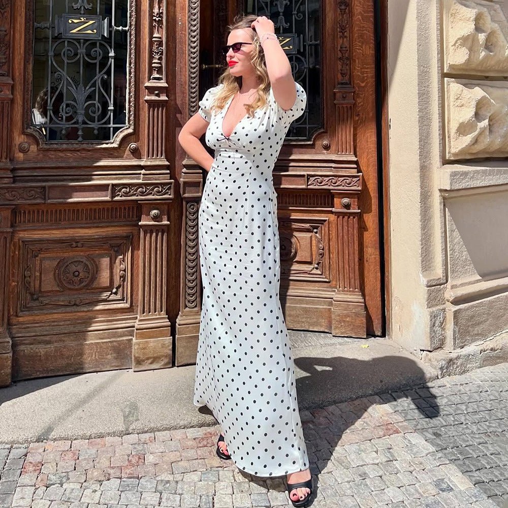 Bella Mia V-neck polka dot maxi dress with puff sleeves, waist control, lace-up front, elegant and sexy style.