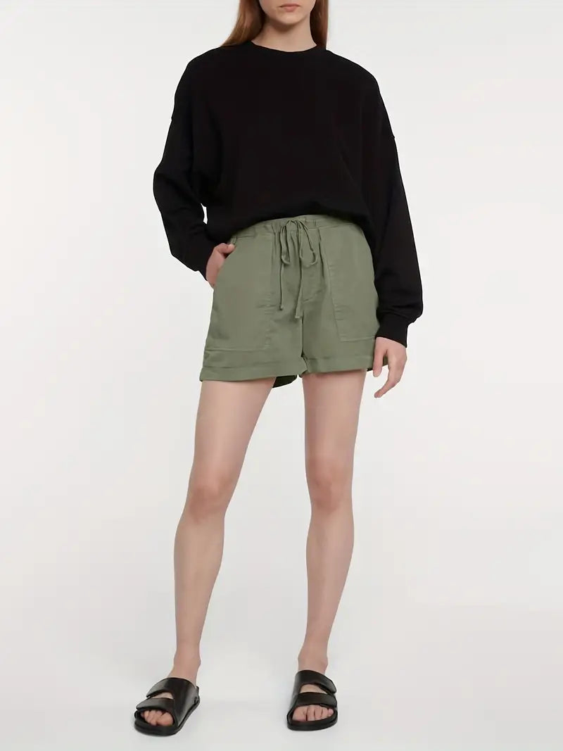 Light gray women's drawstring shorts with pockets, featuring a minimalist design from Trendy Attic Store01.
