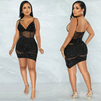 Women’s hot diamond irregular sling dress for nightclub wear, featuring a stylish evening dress design with shimmering details.