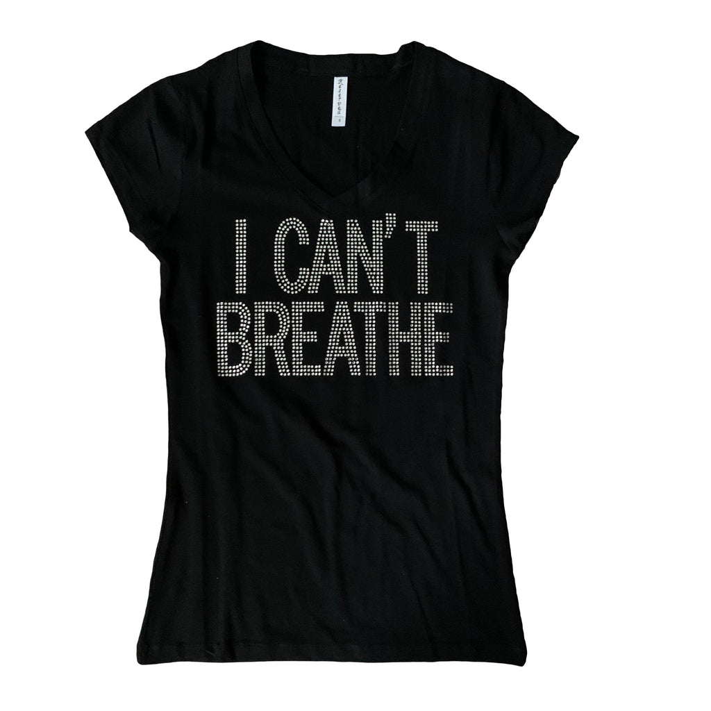 Black V-neck T-shirt from The House of Stylez with "I Can't Breathe" graphic print, casual and comfortable fit.