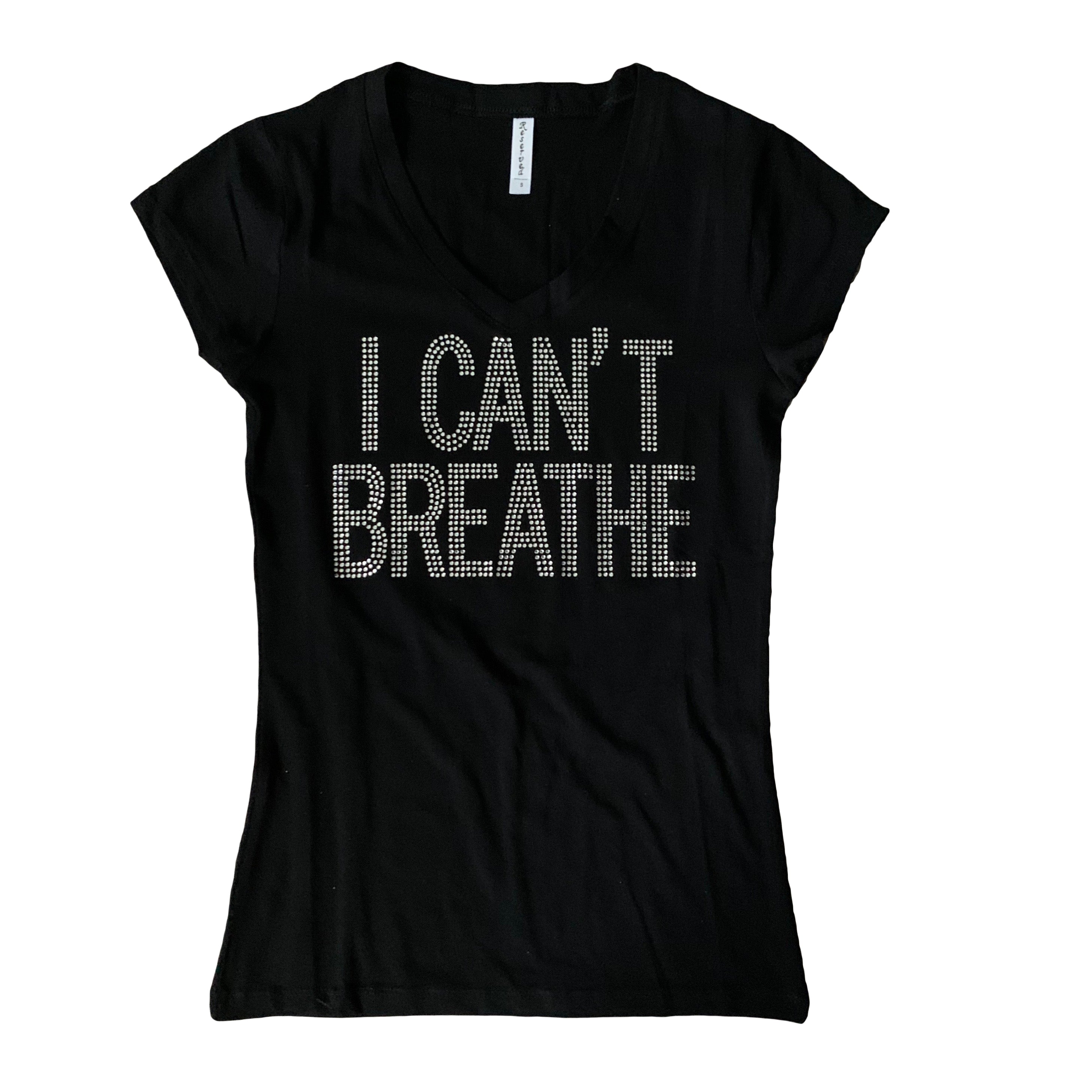 Black V-neck T-shirt from The House of Stylez with "I Can't Breathe" graphic print, casual and comfortable fit.