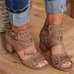 Women's floral cutout chunky heels sandals by Trendy Attic Store01, featuring open toe design and stylish floral accents.