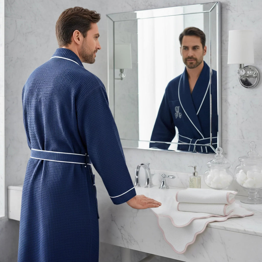 Plush Fashion Hub men's waffle piping robe, soft and cozy bathrobe with a textured waffle pattern and piping details.