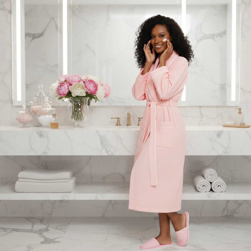 Women’s waffle piping bathrobe by Plush Fashion Hub, lightweight spa-style robe with cozy waffle texture for comfort.