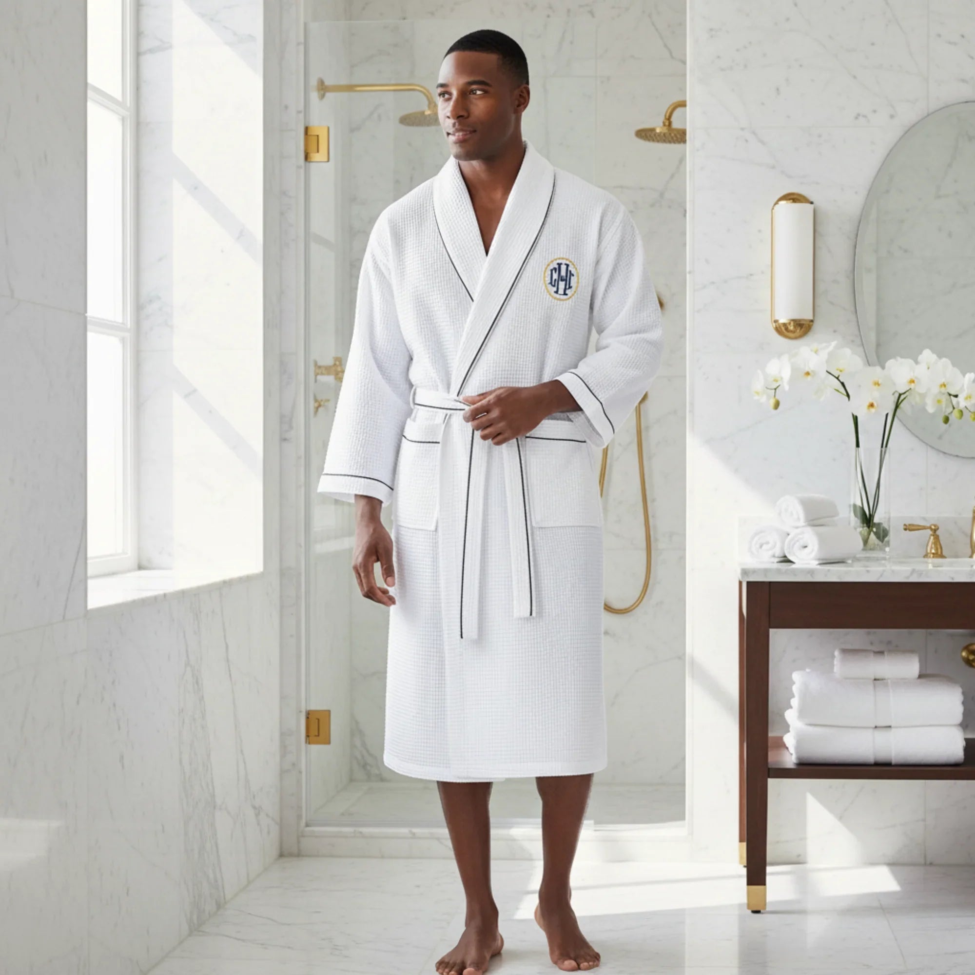 Plush Fashion Hub men's waffle piping robe with a textured waffle fabric, cozy collar, and belt for comfortable lounging.