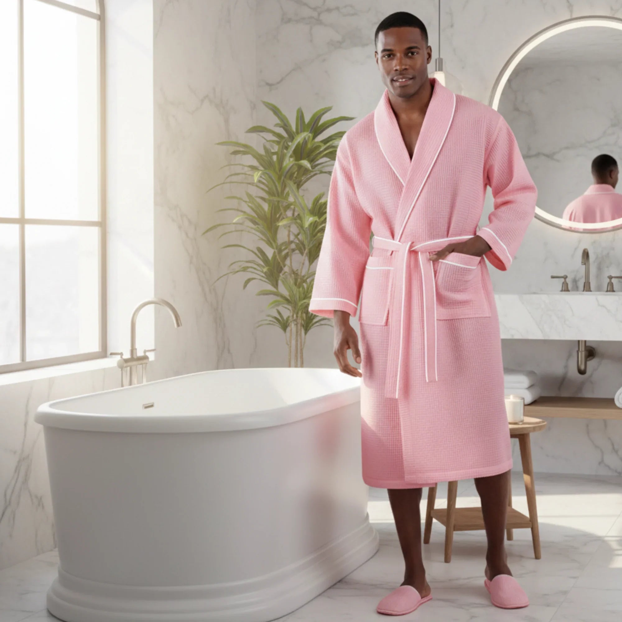 Plush Fashion Hub men's waffle piping robe showing a soft, textured waffle fabric with piping details and a relaxed fit.