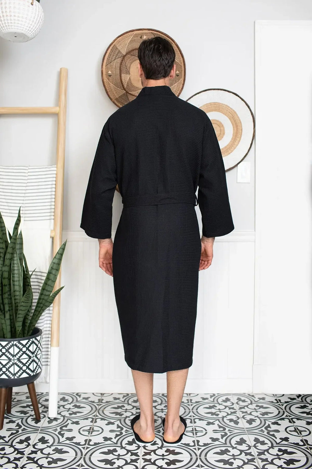 Men's waffle spa bathrobe by Plush Fashion Hub, lightweight and absorbent, shown hanging with textured waffle fabric details.