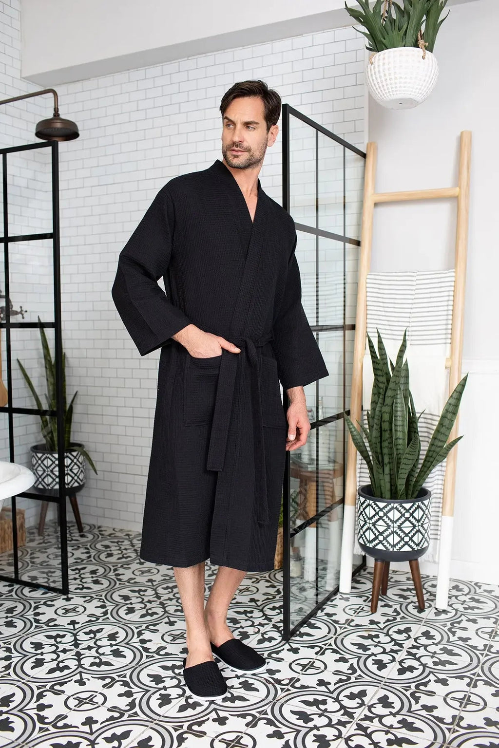 Absorbent, lightweight waffle spa bathrobe for men by Plush Fashion Hub, featuring a cozy collar and waist tie for comfort.