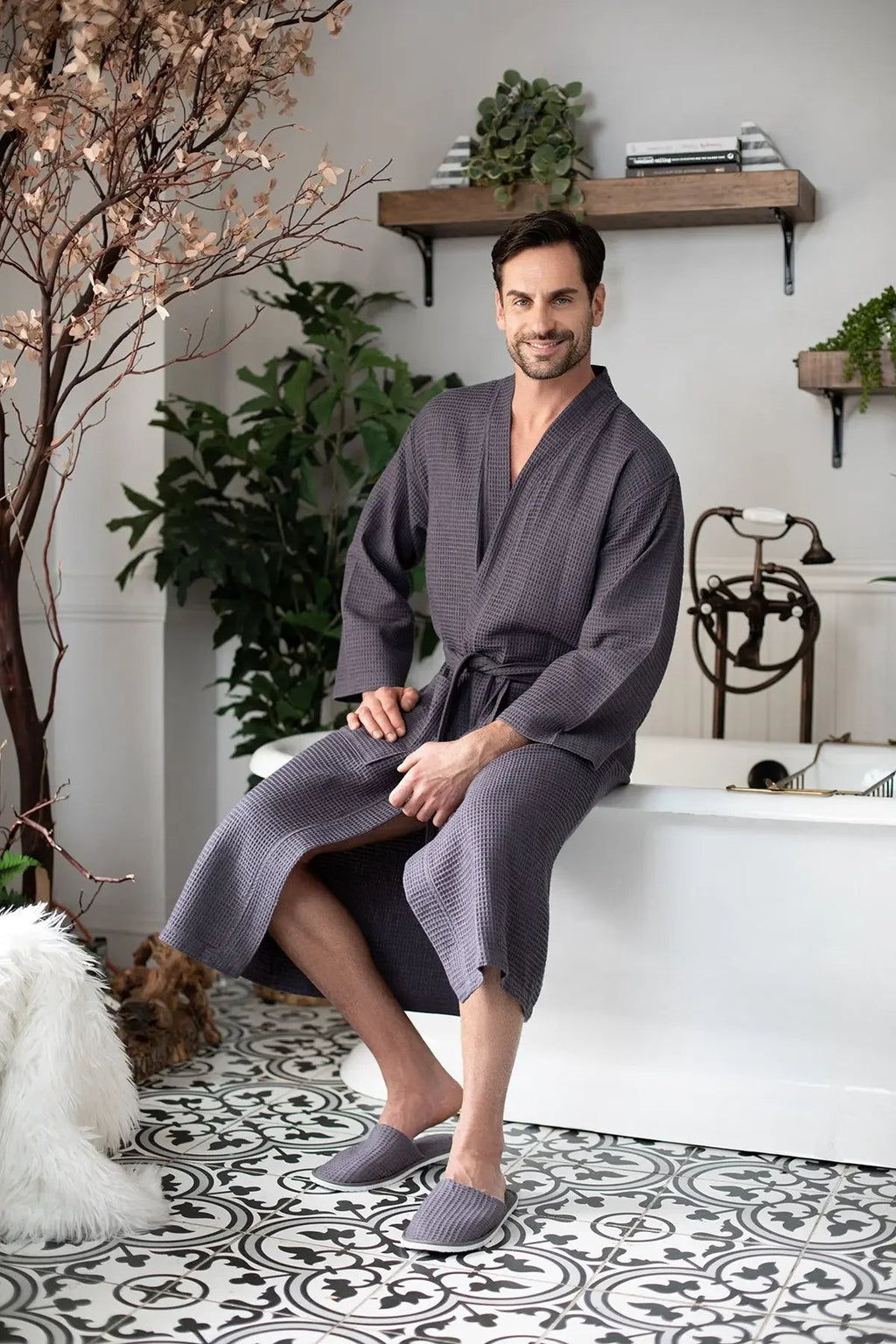 Absorbent waffle spa bathrobe for men in lightweight fabric, featuring a cozy collar and belt, from Plush Fashion Hub.