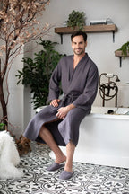 Absorbent waffle spa bathrobe for men in lightweight fabric, featuring a cozy collar and belt, from Plush Fashion Hub.