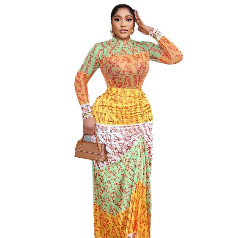 Plush Fashion Hub waist-cinching high-neck long-sleeve spliced sheer dress, showcasing fitted silhouette and stylish design.
