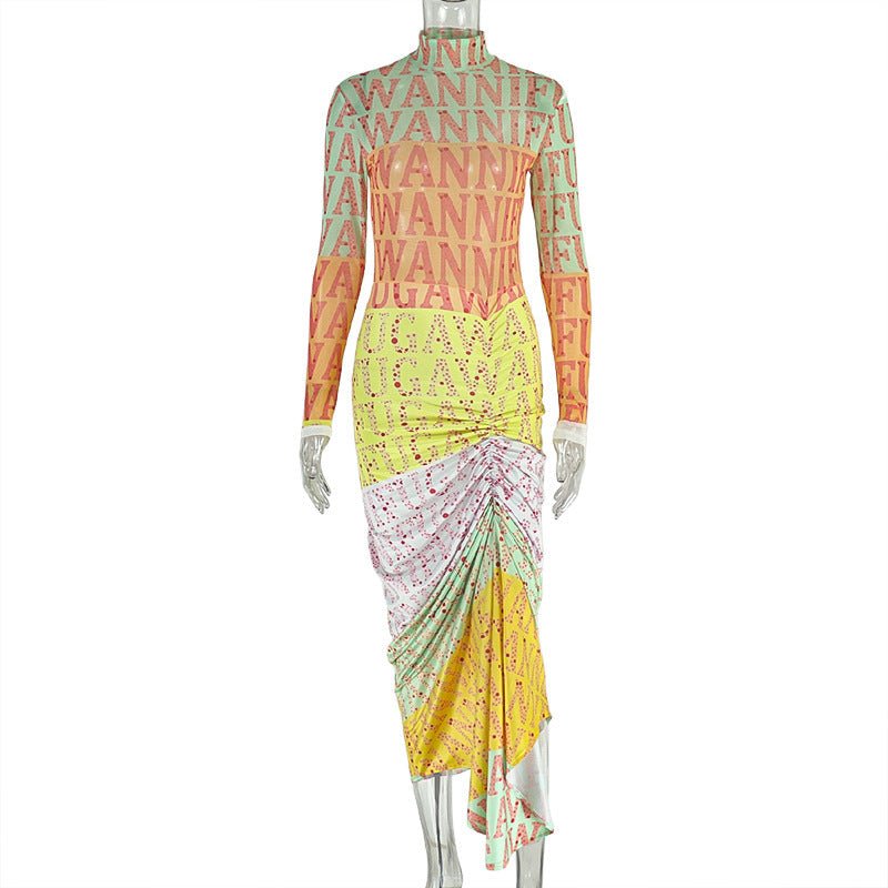 Plush Fashion Hub waist-cinching high-neck long-sleeve spliced sheer dress showing fitted silhouette and stylish design.