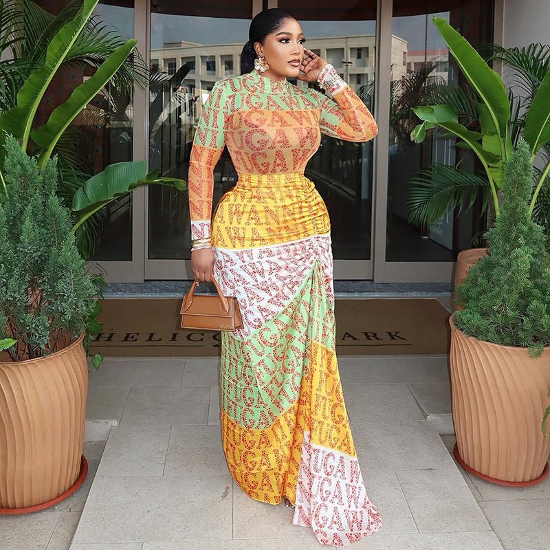 Plush Fashion Hub waist-cinching high-neck long-sleeve spliced sheer dress, showcasing a fitted silhouette and elegant design.