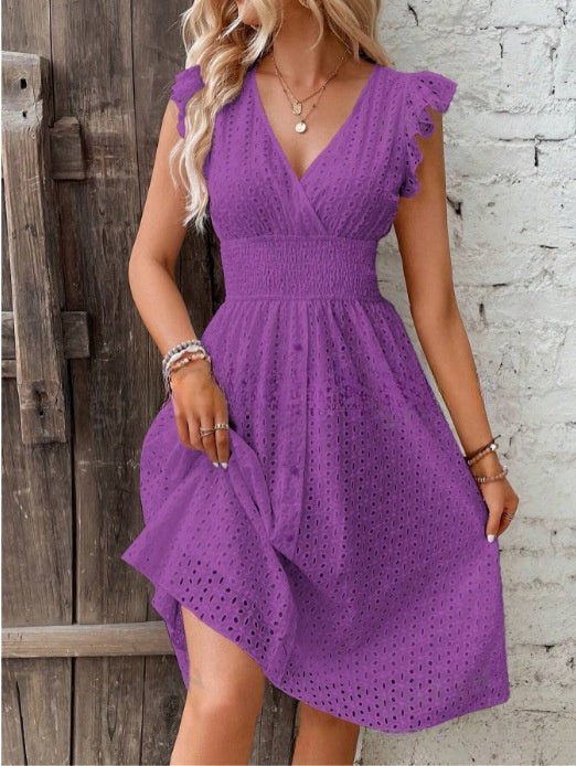 Waisted V-neck lace midi dress in casualwear style by Plush Fashion Hub, featuring intricate lace details and a flattering fit.