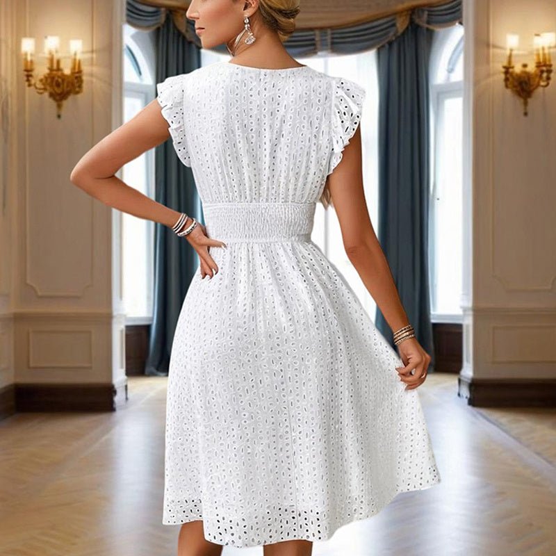Waisted V-neck lace midi dress in casualwear style by Plush Fashion Hub, featuring elegant lace details and a fitted silhouette.