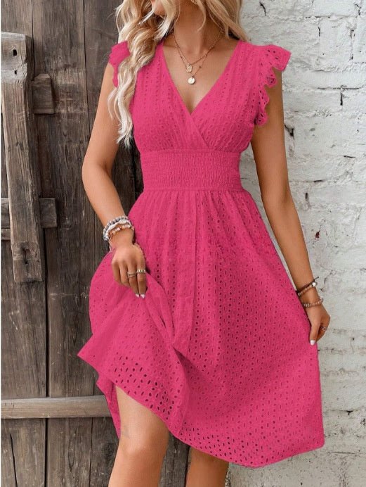 Waisted V-neck lace midi dress by Plush Fashion Hub, featuring a casualwear design with elegant lace details and a flattering fit.