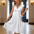 Waisted V-neck lace midi dress in casualwear style by Plush Fashion Hub, featuring a fitted waist and elegant lace detail.