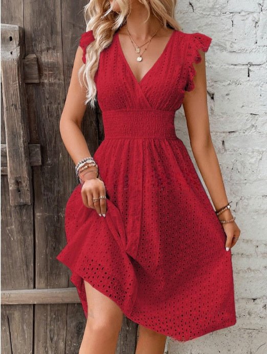 Waisted V-neck lace midi dress in casualwear style from Plush Fashion Hub, featuring intricate lace details and a fitted waist.