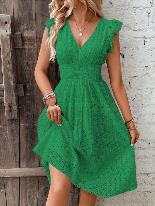 Plush Fashion Hub waisted V-neck lace midi dress, casualwear with elegant lace details and a flattering fit.