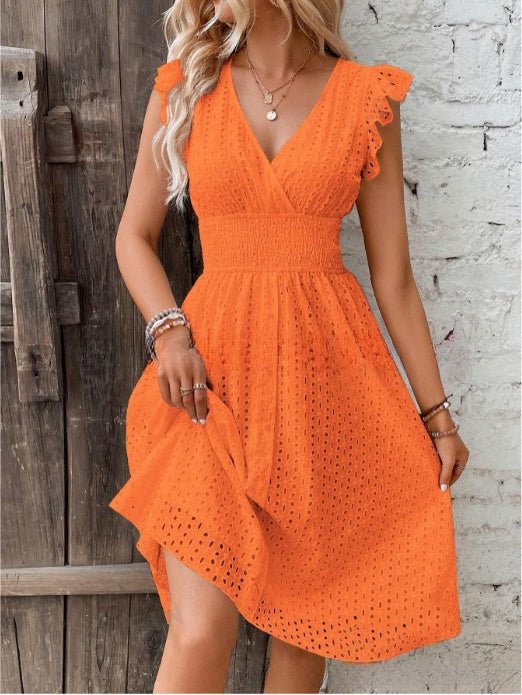 Waisted V-neck lace midi dress in casualwear style from Plush Fashion Hub, featuring elegant lace detailing and a fitted waist.
