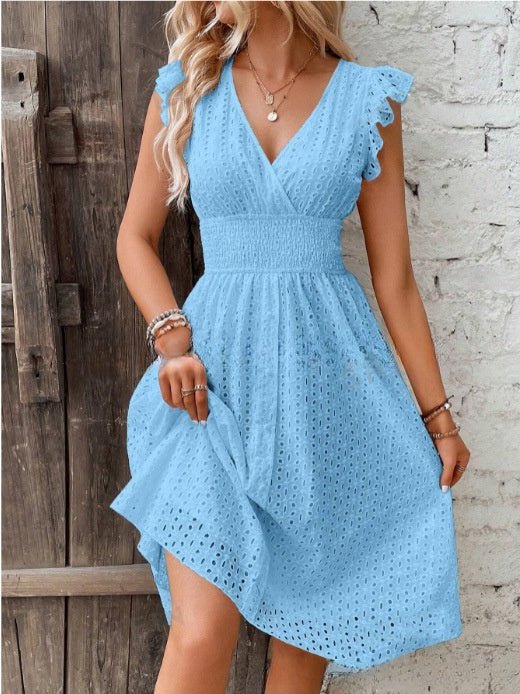 Waisted V-neck lace midi dress by Plush Fashion Hub, showcasing elegant casualwear with intricate lace details and a flattering fit.