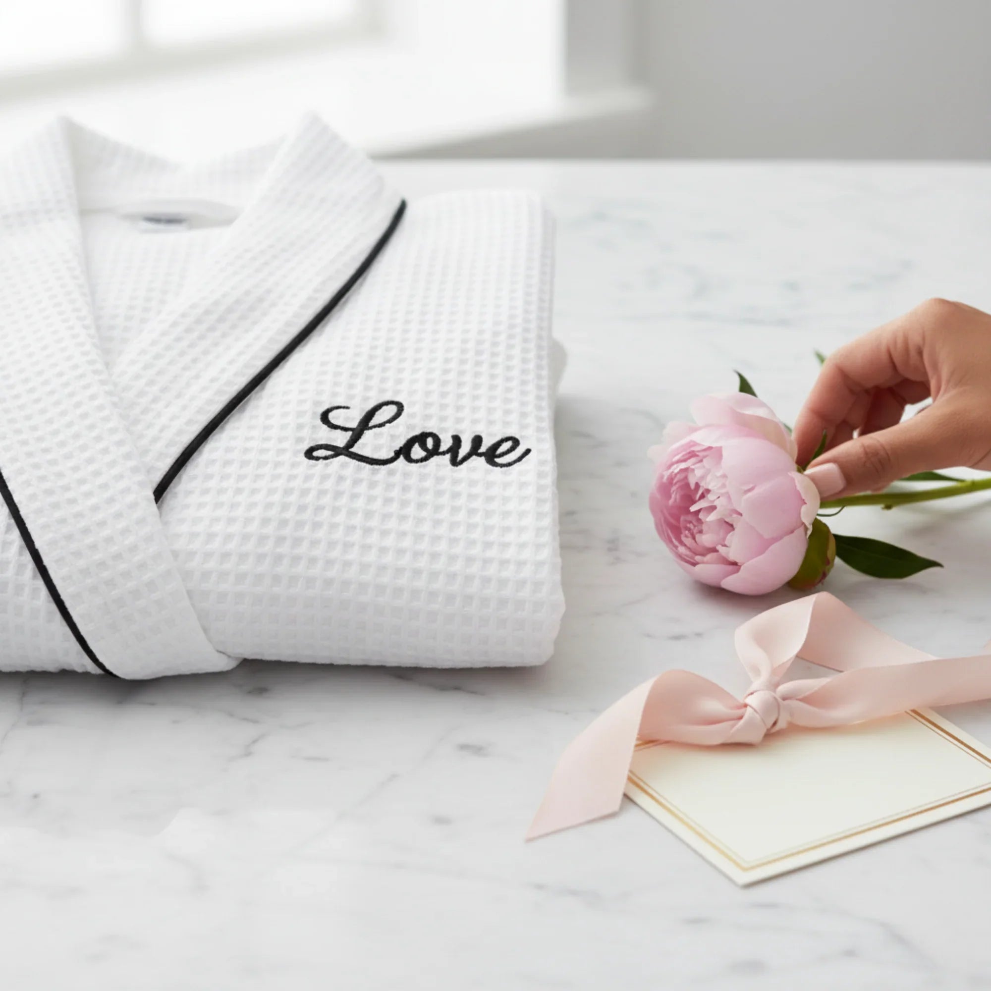 White women's waffle piping bathrobe from Plush Fashion Hub, lightweight spa-style robe with cozy comfort and relaxed fit.