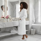 White women’s waffle piping bathrobe from Plush Fashion Hub, lightweight spa-style robe with cozy, soft fabric and comfortable fit.