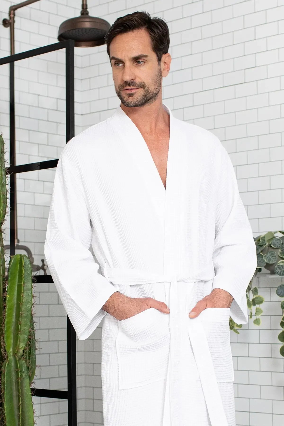 White plush men's waffle spa bathrobe from Plush Fashion Hub, lightweight and absorbent for comfortable relaxation.