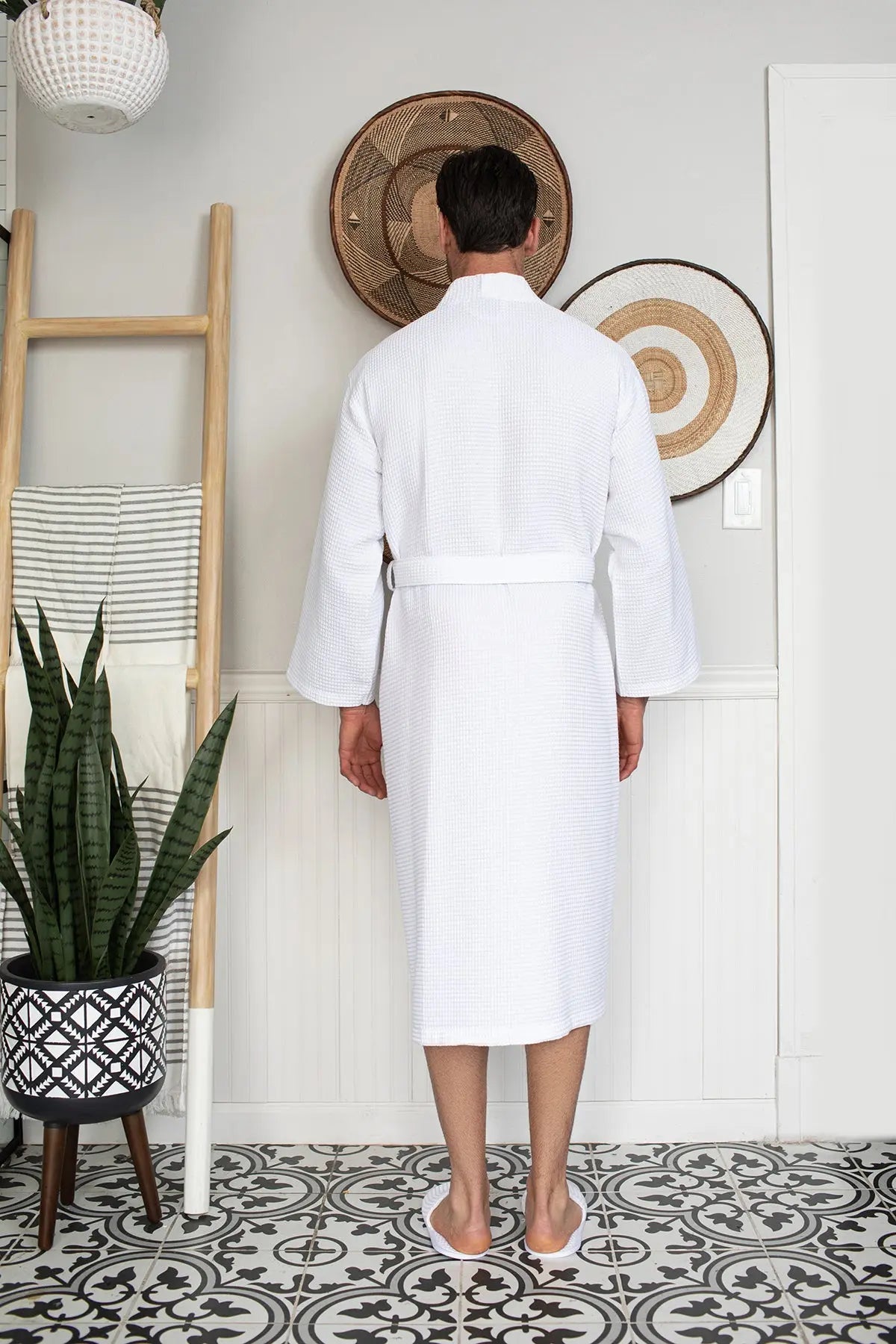 White plush men's waffle bathrobe from Plush Fashion Hub, lightweight and absorbent for spa or casual wear.