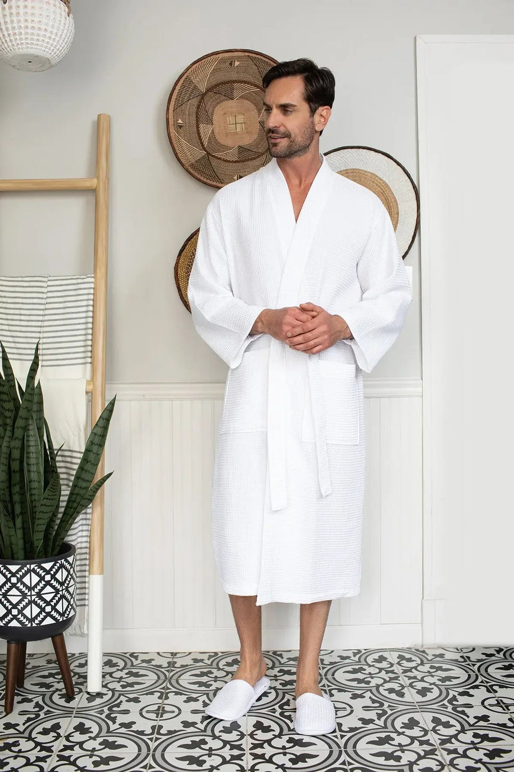 Plush Fashion Hub men's waffle spa bathrobe, lightweight and absorbent, shown in a soft white fabric for comfortable lounging.