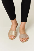 Women's rhinestone open toe flat sandals by Trendsi with sparkling details, perfect for summer footwear and stylish warm-weather looks.