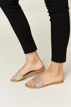 Women's rhinestone open toe flat sandals by Trendsi, sparkling summer footwear with stylish design and comfortable flat soles.