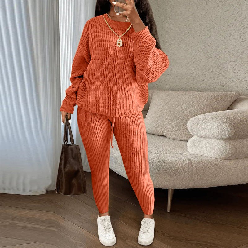 Plush Fashion Hub winter ribbed knit women's trouser set with loose pullover sweater and drawstring pants, cozy and stylish.